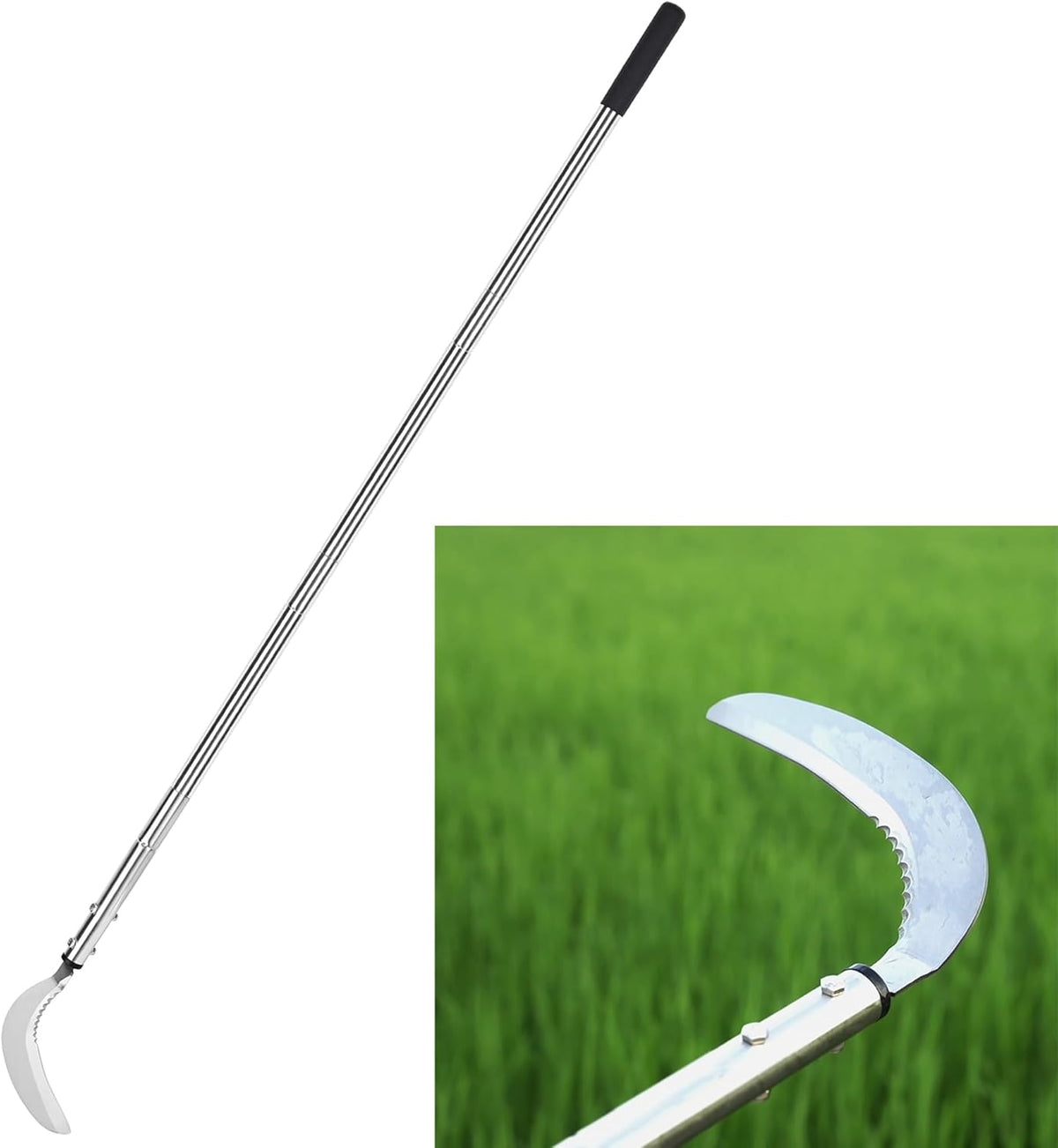 Weeding Sickle, Steel Grass Sickle with Serrated Double-Edged Blade, Telescoping Grass Whip, Stand
