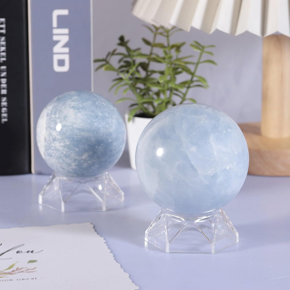 Natural Blue Celestite Crystal Ball with Acrylic Display Base, 61-70mm Polished Stone Feng Shui