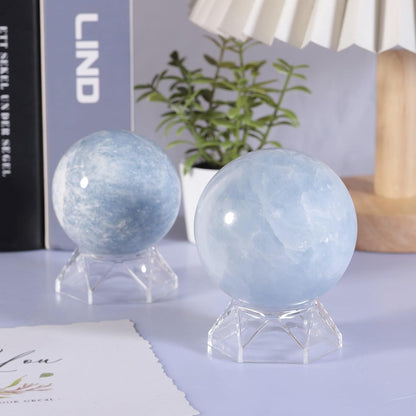 Natural Blue Celestite Crystal Ball with Acrylic Display Base, 61-70mm Polished Stone Feng Shui