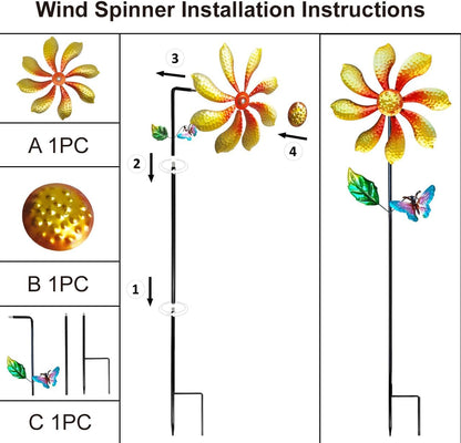 Metal Outdoor Flower Wind Spinner with Yellow Floral & Blue Butterfly, Decorative Kinetic Wind
