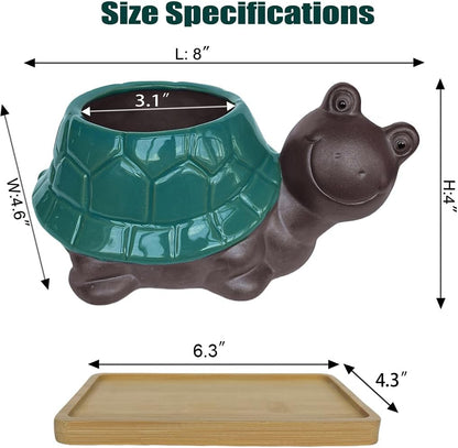 MUZHI Ceramic Bonsai Pot with Bamboo Tray SmilingTurtle Shape, Cute Animal Succulent Cactus Planter