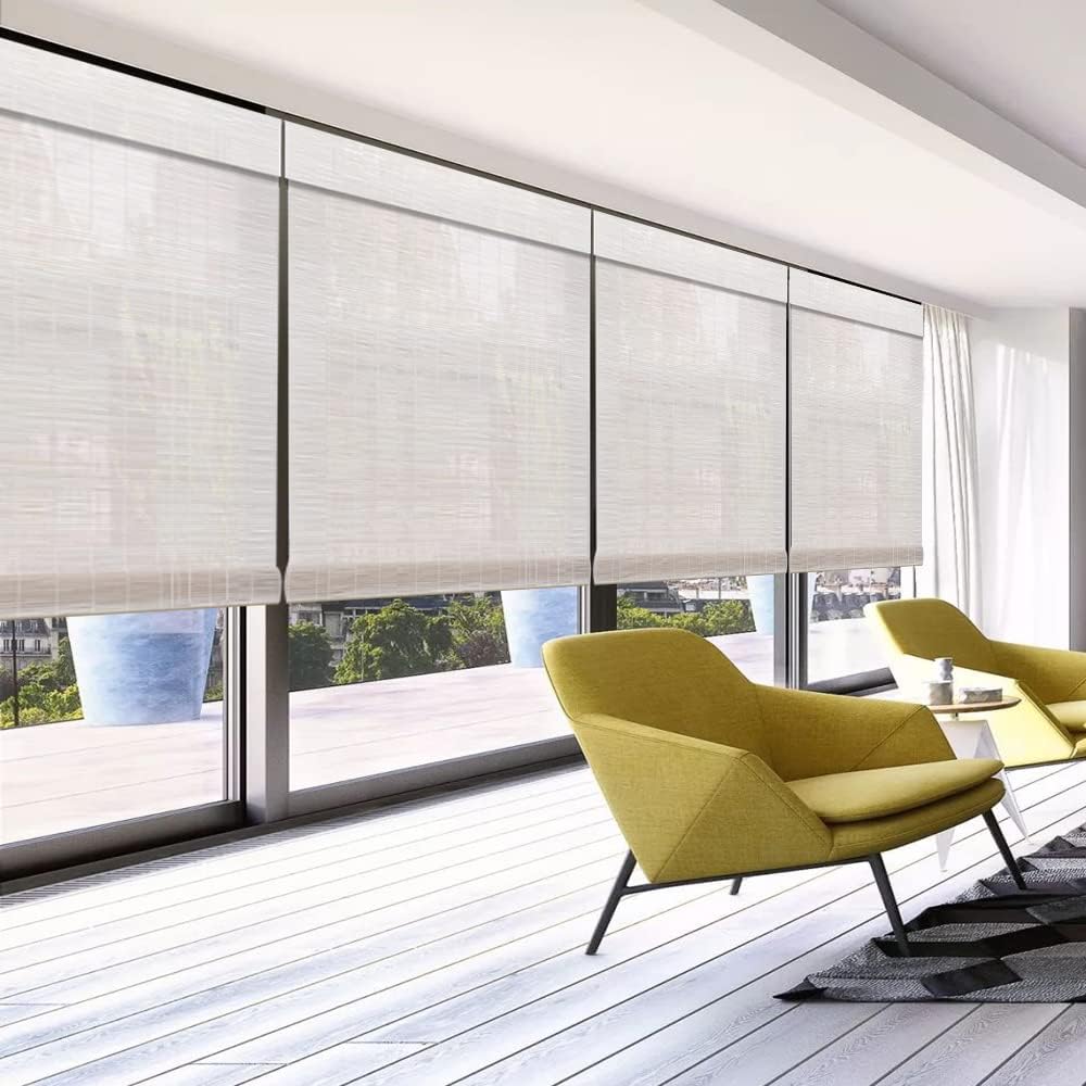 LETAU Cordless Wood Window Roller Shades, Bamboo Light Filtering Window Blinds for Outdoor Garden