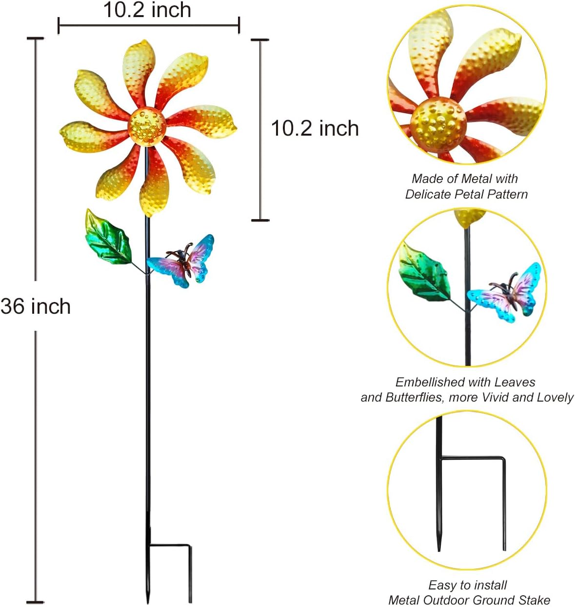Metal Outdoor Flower Wind Spinner with Yellow Floral & Blue Butterfly, Decorative Kinetic Wind