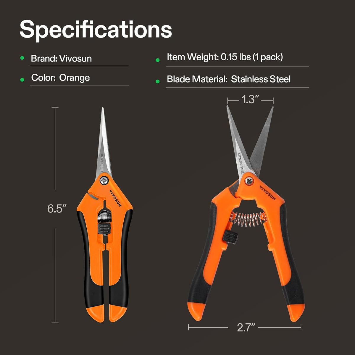 VIVOSUN 6.5 Inch Gardening Scissors Hand Pruner Pruning Shear with Straight Stainless Steel Blades