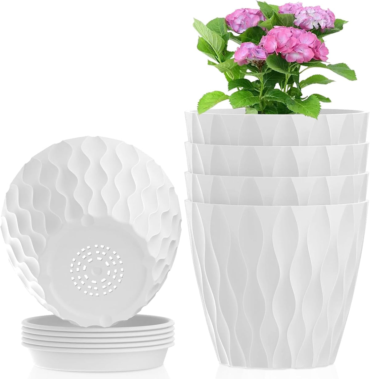 4 inch Small Plastic Nursery Pots, 5 Pack Water Ripples Plant Pots for Indoor Plants, Flower Pots