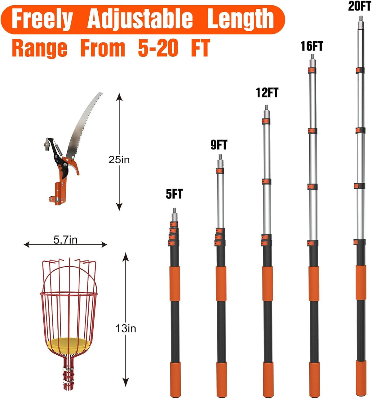 26FT Tree Trimmer, Manual Pole Saw with 5-20FT Extension Pole, Fruit Picker for Orange Lemon Mango