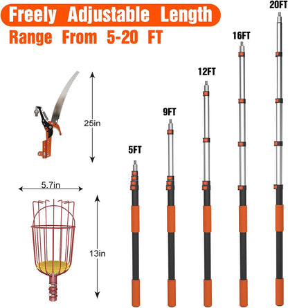 26FT Tree Trimmer, Manual Pole Saw with 5-20FT Extension Pole, Fruit Picker for Orange Lemon Mango