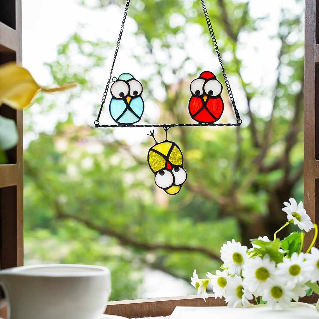 Multicolor Owl Stained Glass Suncatcher for Window,Birds Stained Glass Window Hangings,Bird