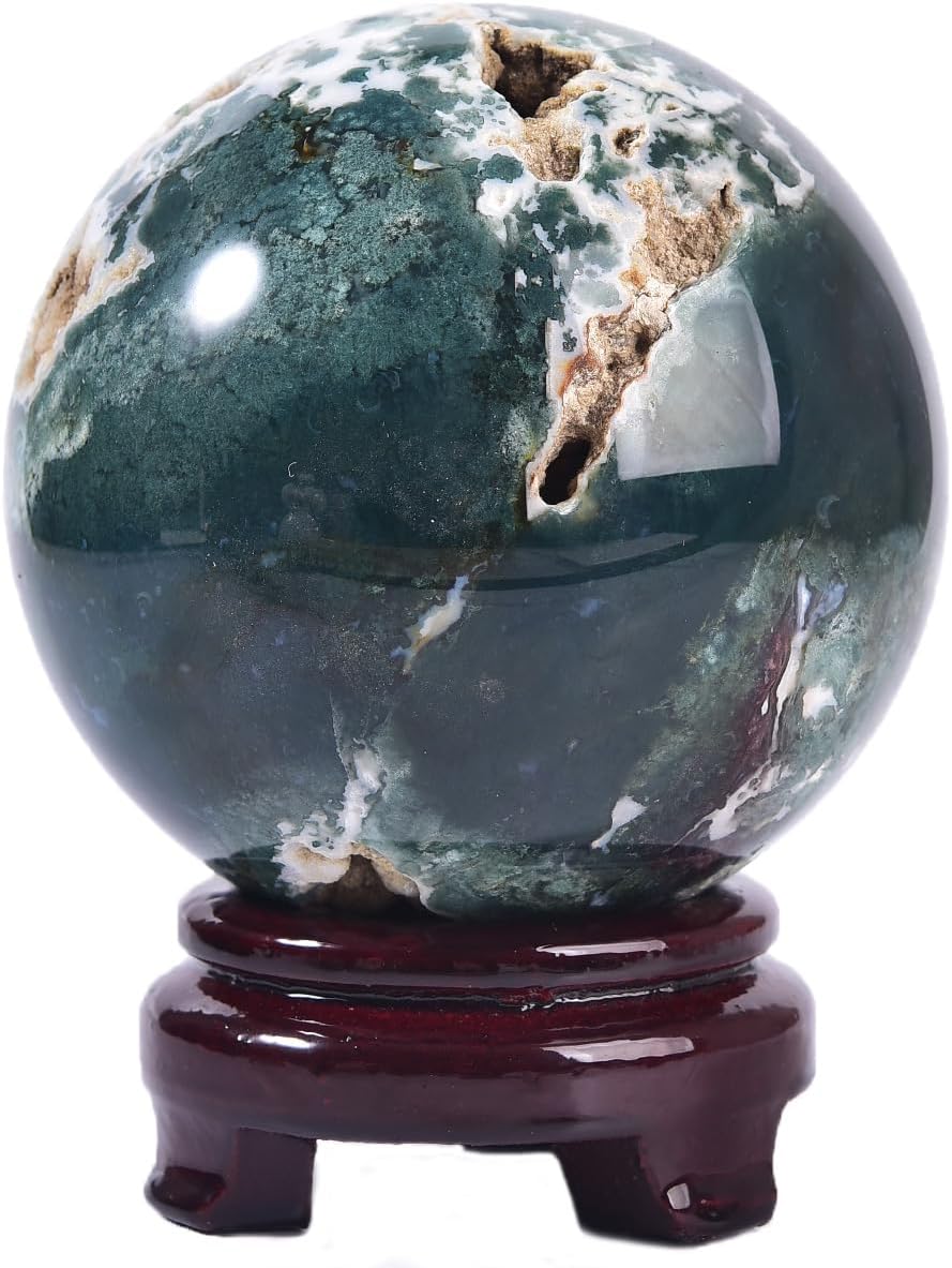Large Moss Agate Crystal Sphere Natural Healing Crystal Ball with Stand Meditation Decorative Balls