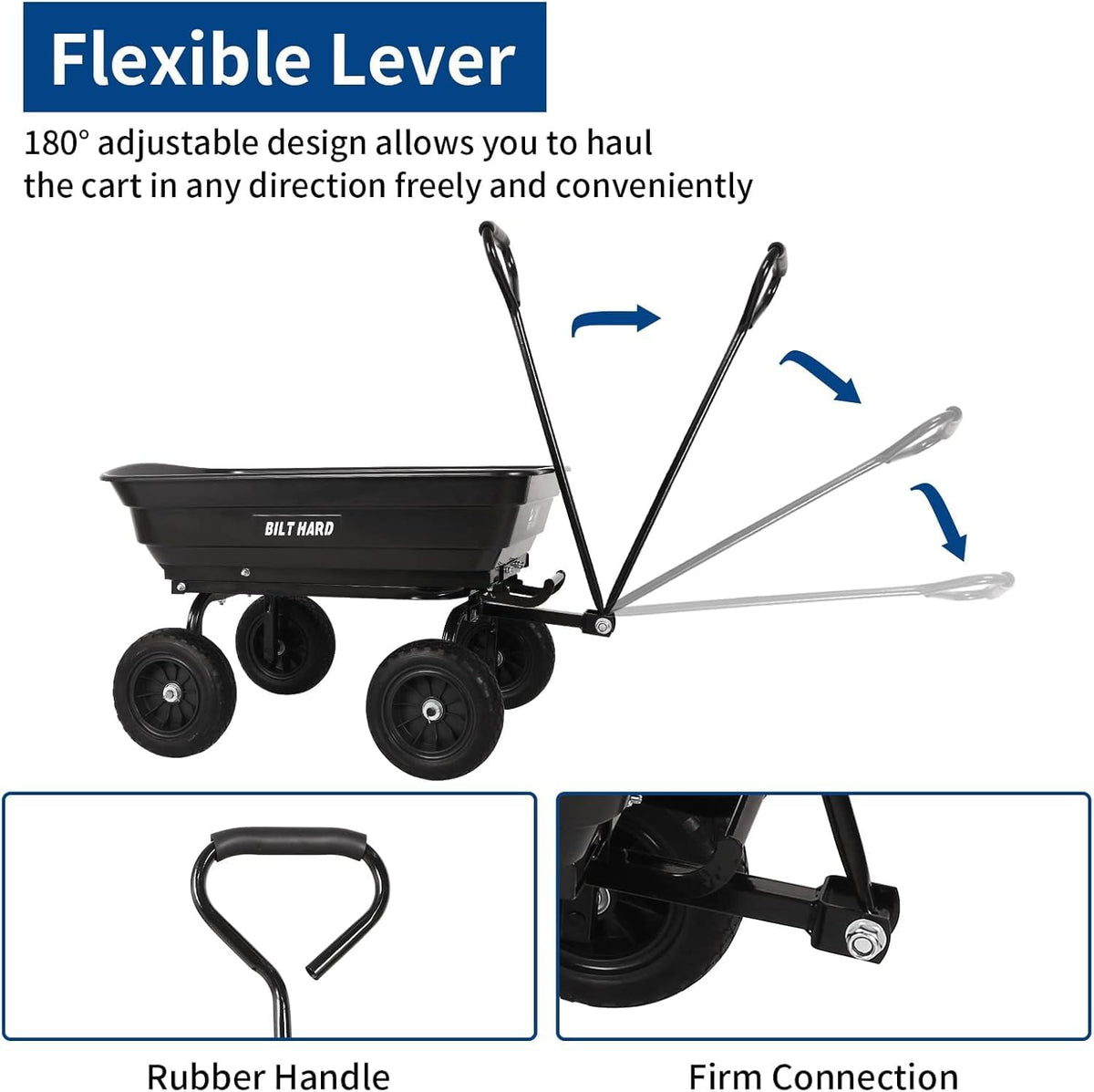 BILT HARD 4 Cu.Ft. 10" No-Flat Tires Poly Yard Dump Cart with 180° Rotating Handle, 600 lbs