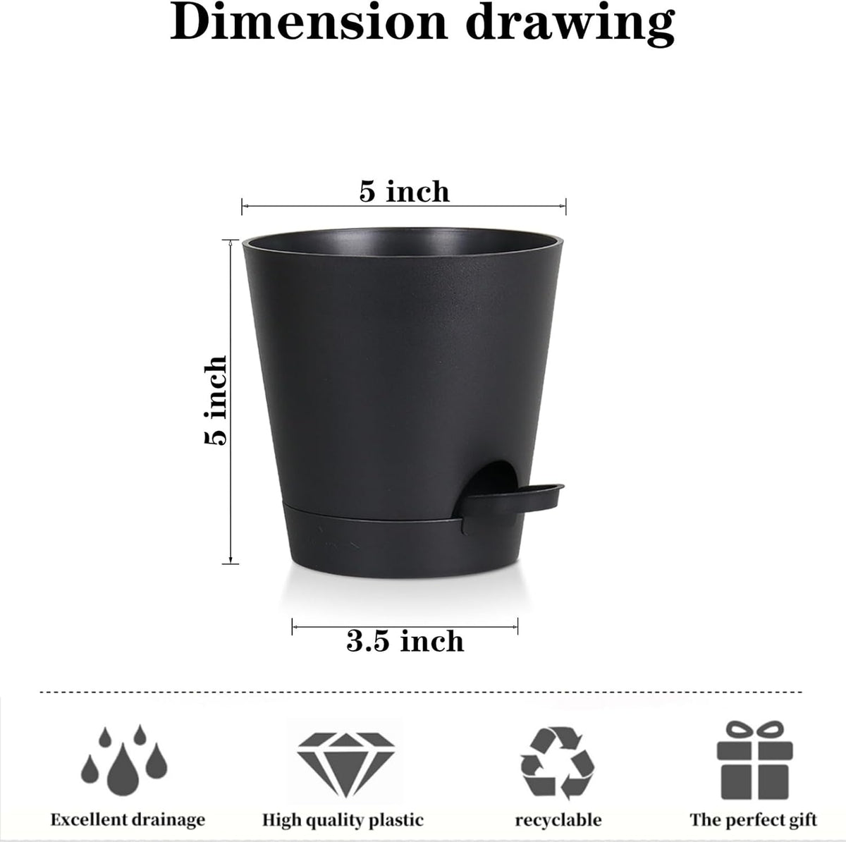 5 Pack 5 inch Self-Watering Pots, African Violets Planter with Drainage Holes and Reservoir, Black