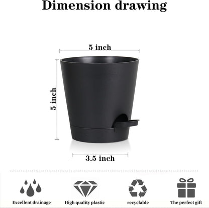 5 Pack 5 inch Self-Watering Pots, African Violets Planter with Drainage Holes and Reservoir, Black