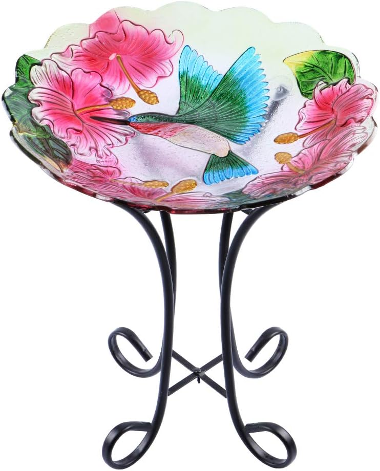 MUMTOP Outdoor Glass Birdbath with Metal Stand for Lawn Yard Garden Hummingbird Decor,18” Dia
