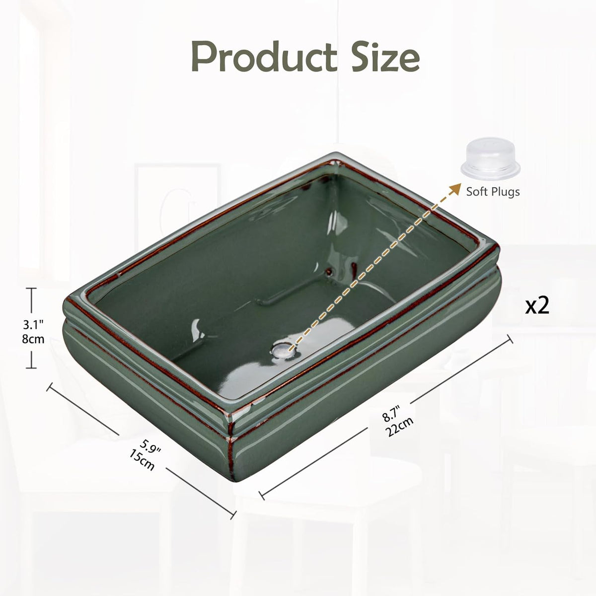 Ceramic Bonsai Pots with Drainage Hole Set of 2, Green Glazed Bonsai Planters for Indoor/Outdoor
