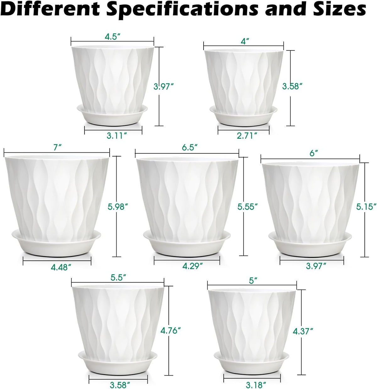 GARDIFE 7/6.5/6/5.5/5/4.5/4 inch Plant Pots, 7 Pack Flower Pots Indoor Outdoor, Planters with
