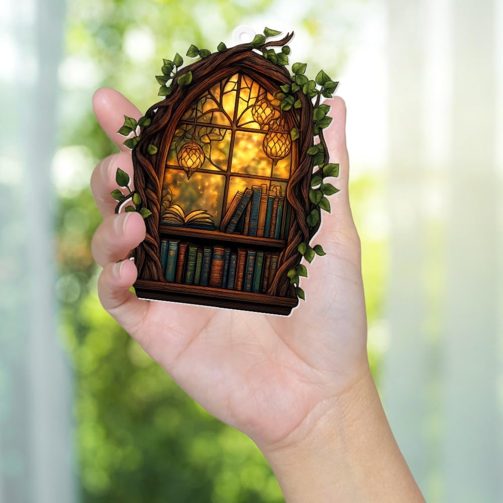 Gothic Window Book Ornament – Stained Glass Style Acrylic Christmas Ornament with Books & Ivy