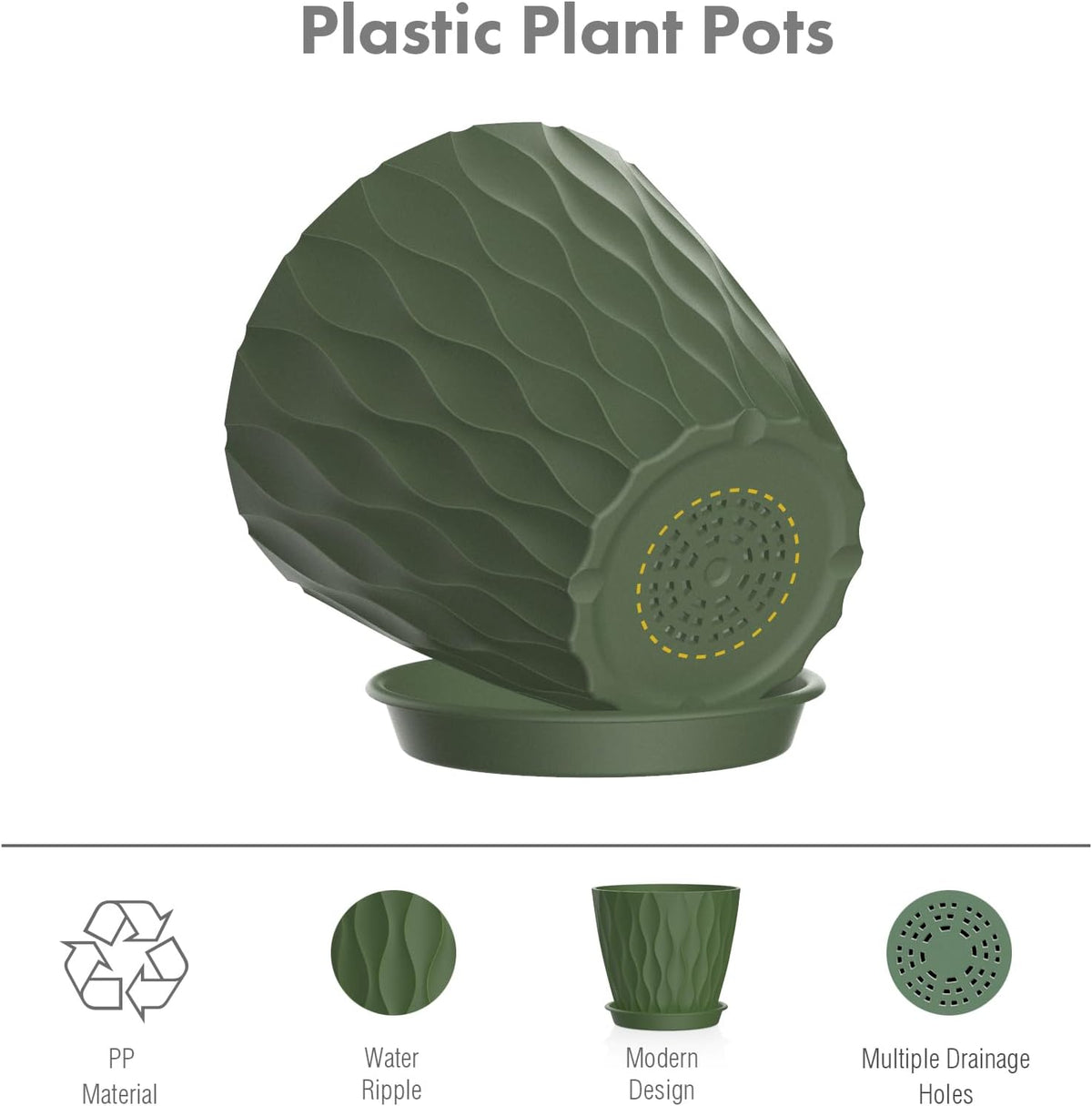 6 inch Plant Pots, 5Pack Water Ripple Flower Pots for Indoor Outdoor Plants, Plastic Planters with