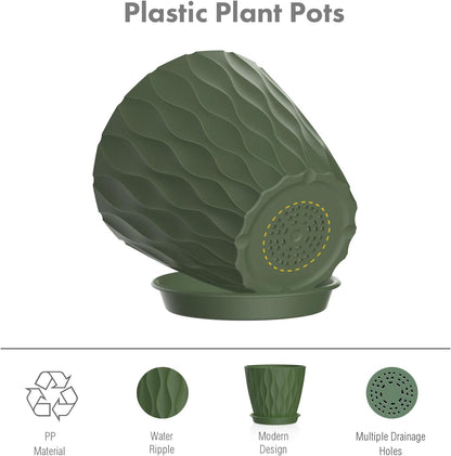 6 inch Plant Pots, 5Pack Water Ripple Flower Pots for Indoor Outdoor Plants, Plastic Planters with