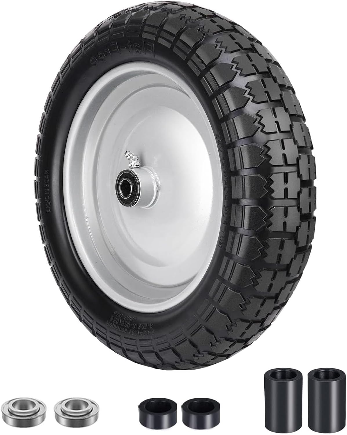 4.80/4.00-8 Tire, 14.5" Flat Free Wheelbarrow Tire and Wheel, 5/8" 3/4" Bearings Solid Replacement