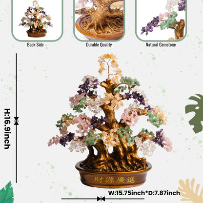 Natural Bonsai Feng Shui Money Tree, 18'', Includes Lucky Coins Chain, Tree of Life (1300 Gemstone