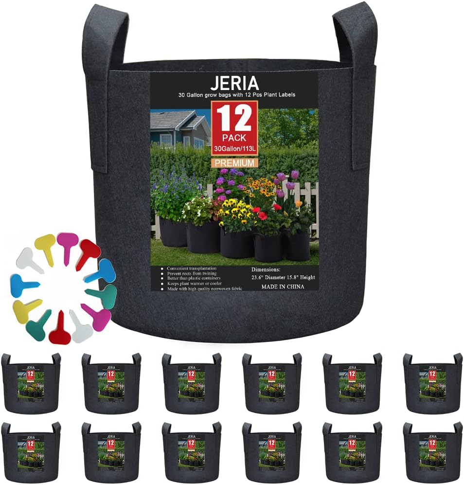JERIA 12-Pack 30 Gallon, Vegetable/Flower/Plant Grow Bags, Aeration Fabric Pots with Handles