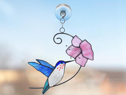 Lolitarcrafts Hummingbird with Flower Stained Glass Suncatcher Bird Stained Glass Window Hangings