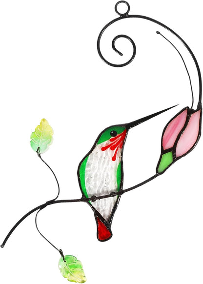 Handmade Stained Glass Hummingbird Suncatcher, Window Hanging Ornament with Flower Design, Indoor