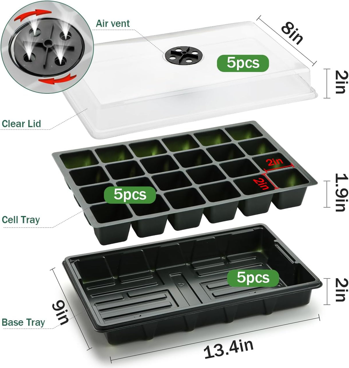 Seed Starter Tray with Dome-5 Sets 24XL Cell Seedling Trays(Total 120 Cells), Plant Germination