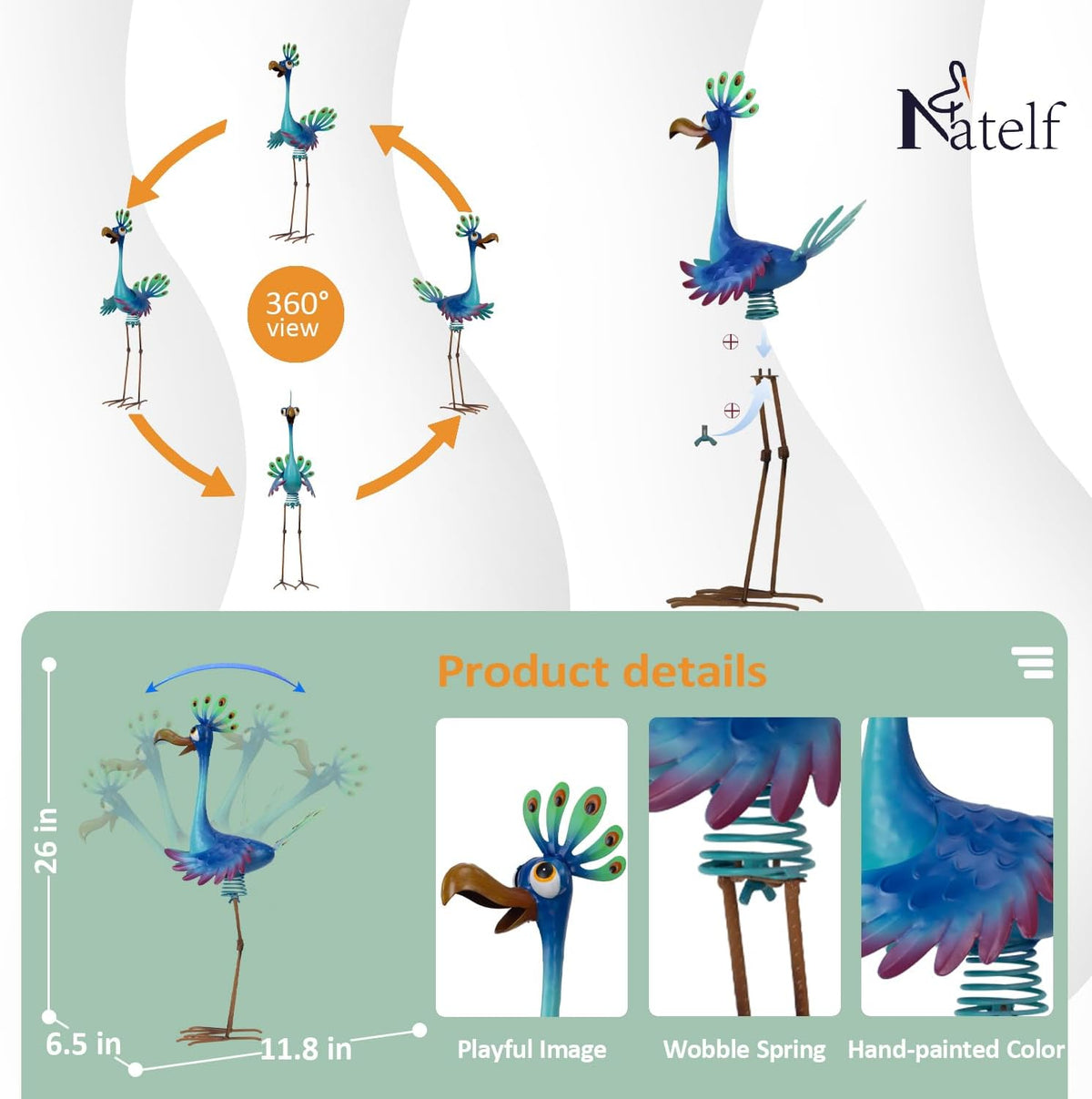 Natelf Large Peacock Statue Outdoor Metal Bird Decor Standing Metal Peacock, Garden Outdoor