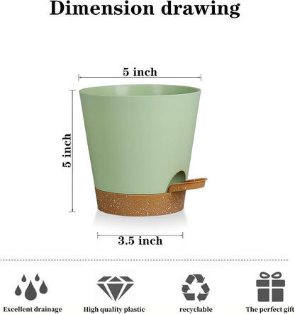 5 Pack 5 inch Self-Watering Pots, African Violets Planter with Drainage Holes and Reservoir, Green