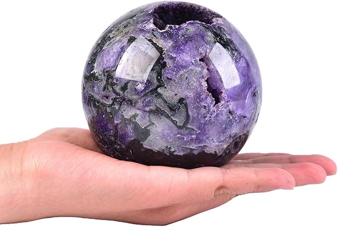 JIC Gem Purple Moss Agate Crystal Sphere Large Quartz Crystal Ball with Stand Healing Ornament