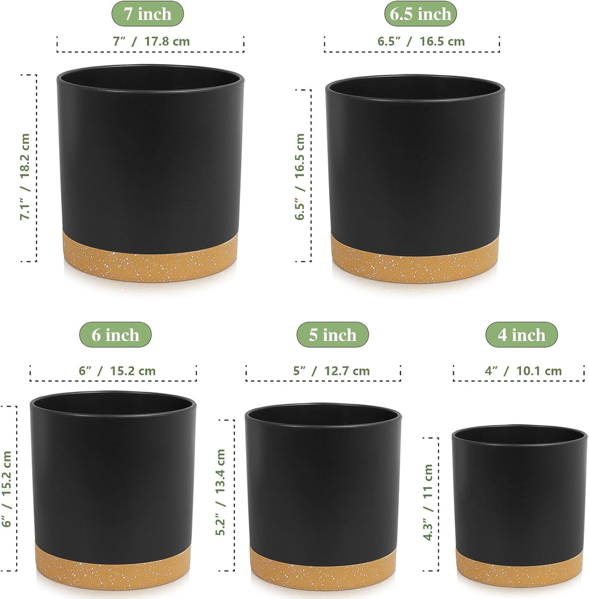 5 Pack Cylindrical Flower Pots with 7/6.5/6/5/4 inch, Modern Small Plastic Plant Pots with Drainage