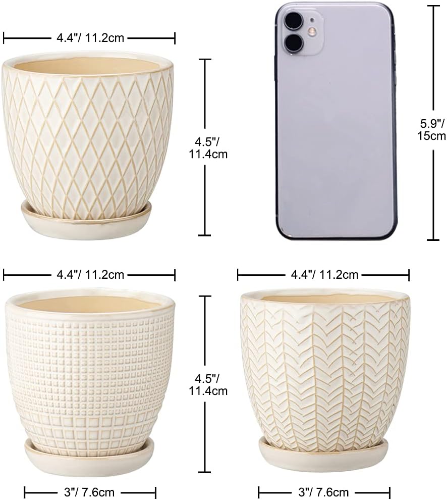 Oairse 4 inches Ceramic Planter Pots 3 Set of Small Round Flower Pots with Drainage Hole and