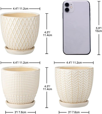 Oairse 4 inches Ceramic Planter Pots 3 Set of Small Round Flower Pots with Drainage Hole and