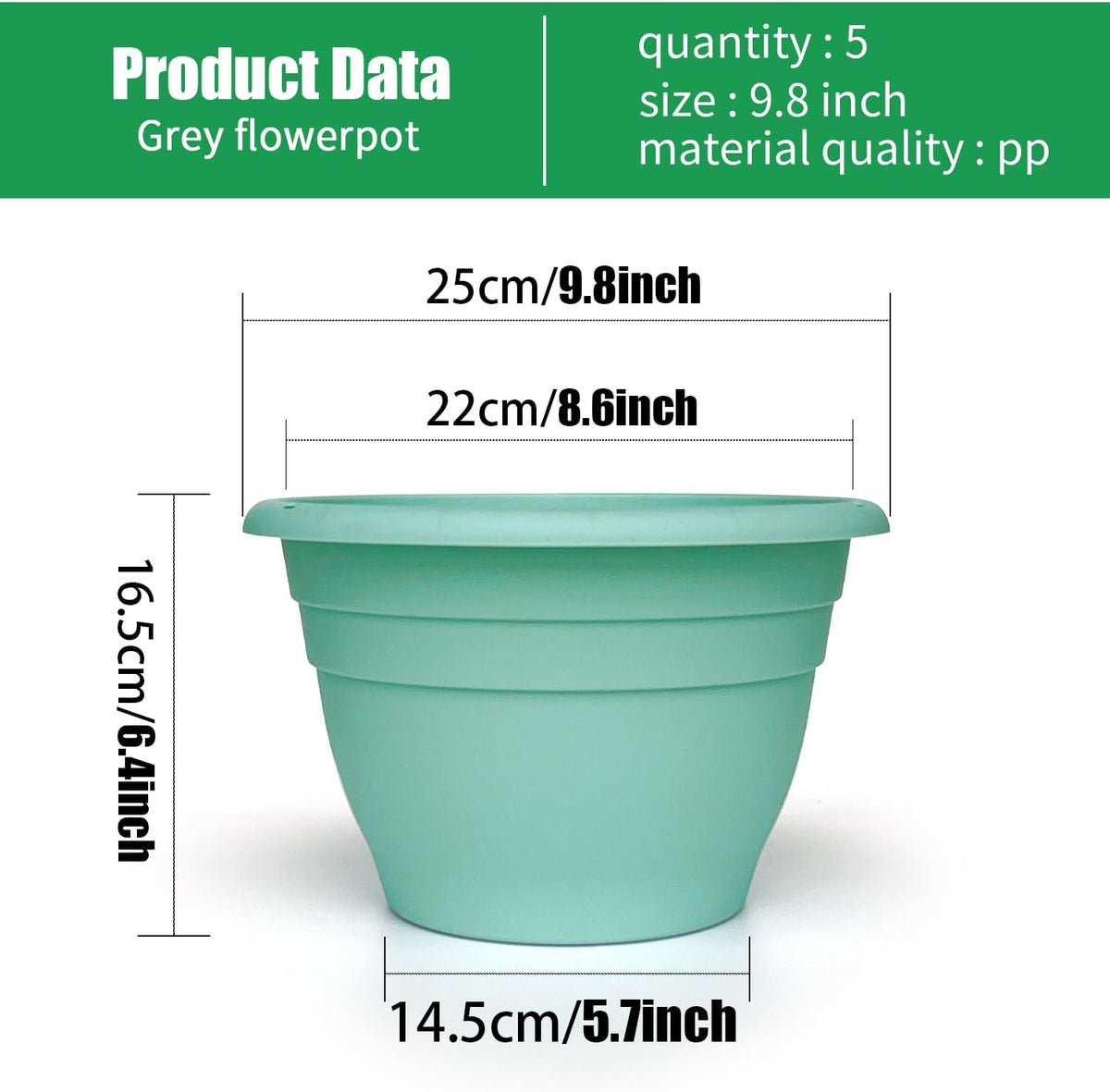 Plant Pots Set of 5, 10" Outside Diameter Flower Planter, 8.5" Inner Diameter Plant Planters with