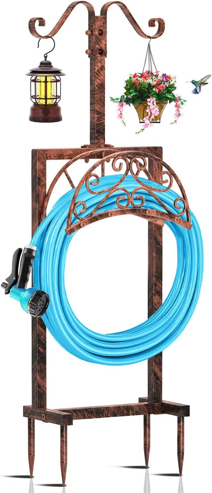 Garden Hose Holder Hanger Freestanding, Upgraded 4 Spikes Heavy Duty Storage Reel Stand with