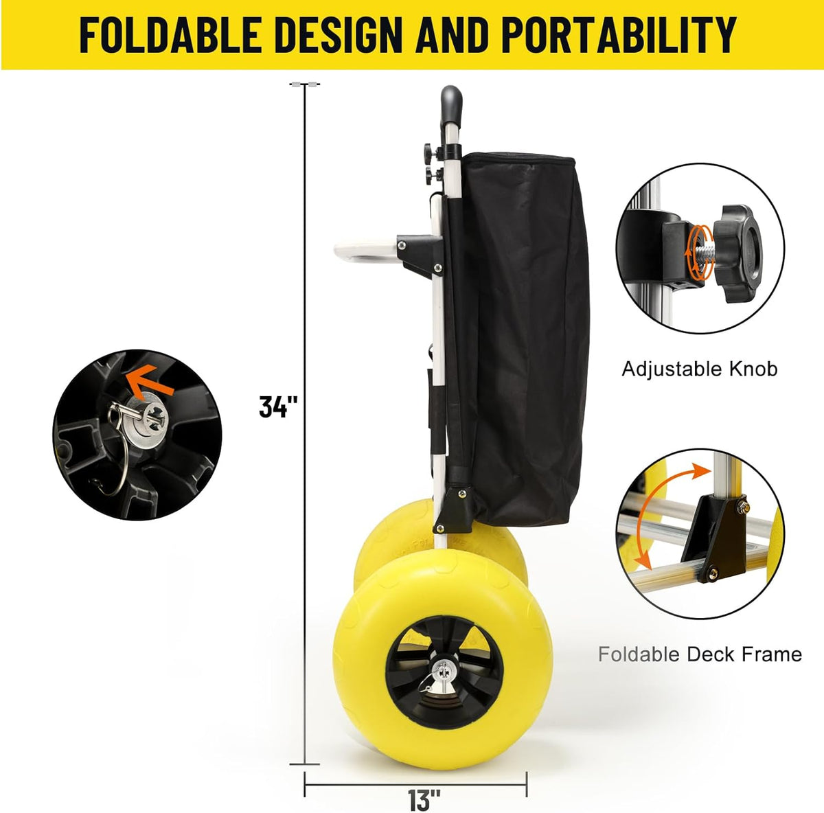 Beach Fishing Cart, 13” Big Balloon Wheels w/Flat-Free Solid PU Tires for Sands, 165LBS Loading