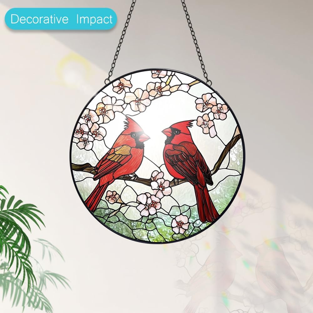 Cardinal Suncatcher Stained Glass Window Hanging - 8” Stained Glass Suncatchers for Windows - Sun