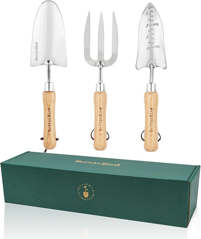 Berry&Bird Garden Tool Set- 3PCS Stainless Steel Gardening Tool Sets with Wooden Handle Trowel