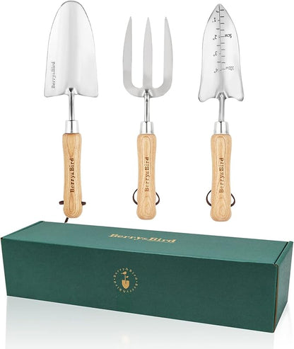 Berry&Bird Garden Tool Set- 3PCS Stainless Steel Gardening Tool Sets with Wooden Handle Trowel