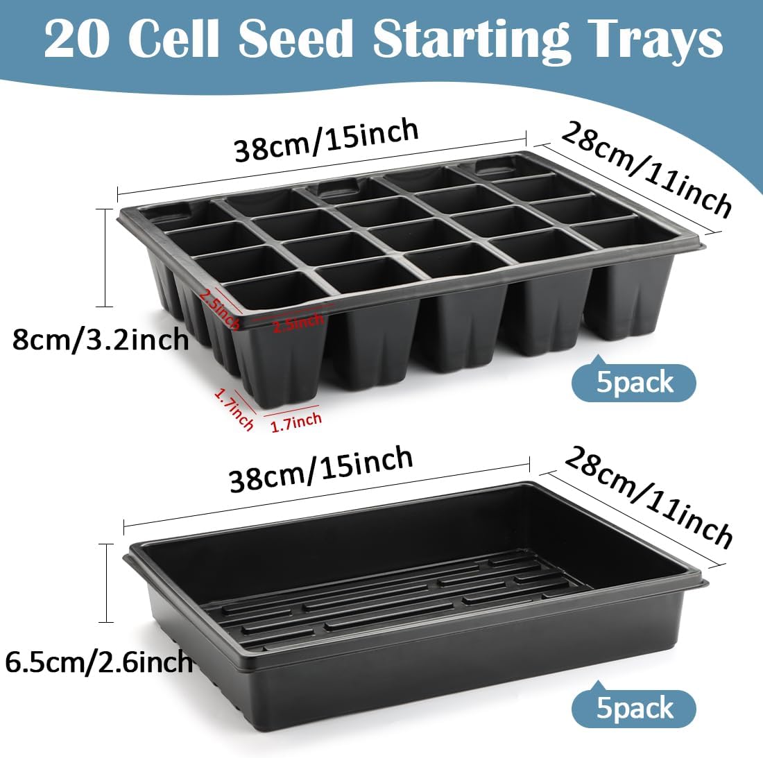 2.5 inch Square Pots 3.5 inch Deep 20 Cell Seedling Trays with Water Collection Nursery Trays