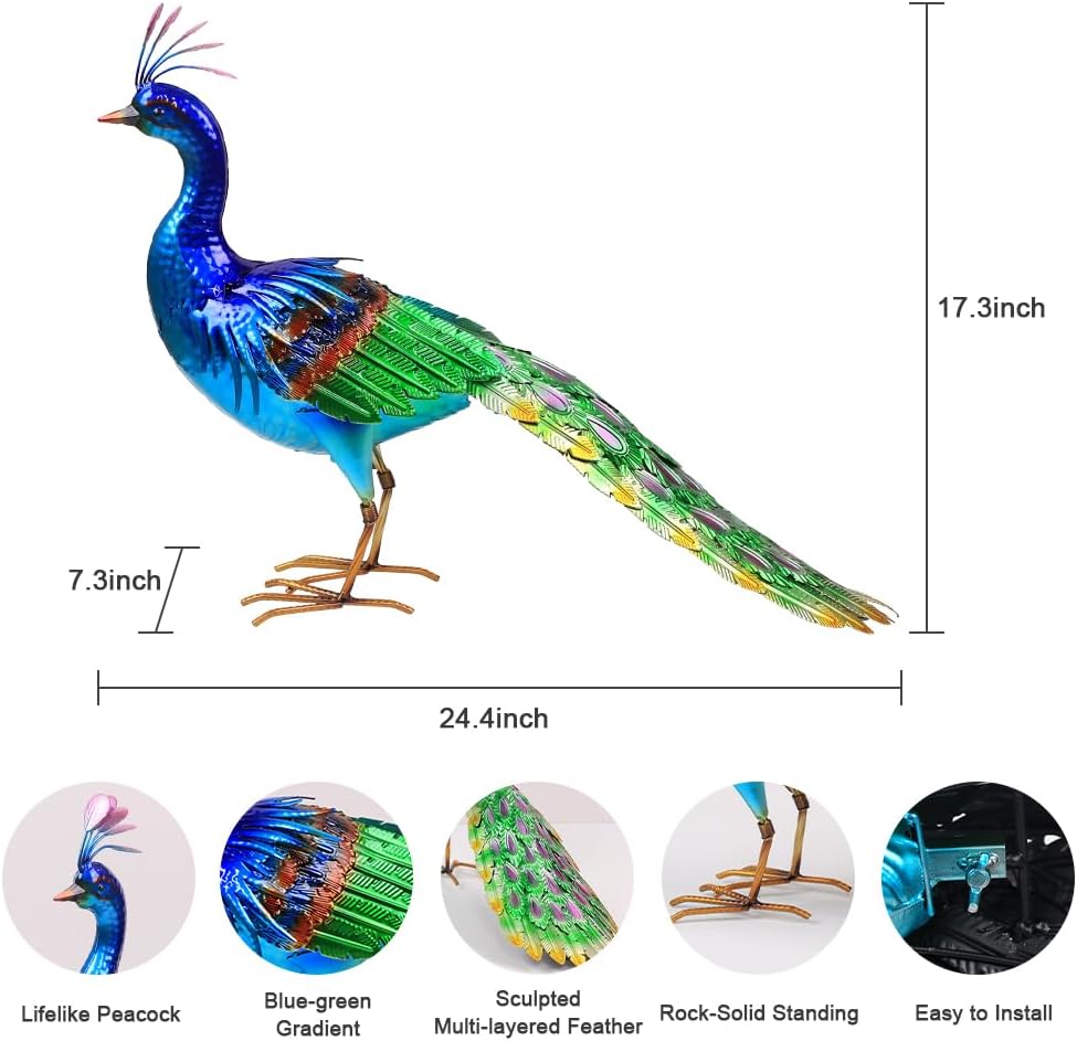 YEAHOME Garden Decor Outdoor Statues, 24.4" Large Metal Peacock Standing Yard Art, Blue Green Bird