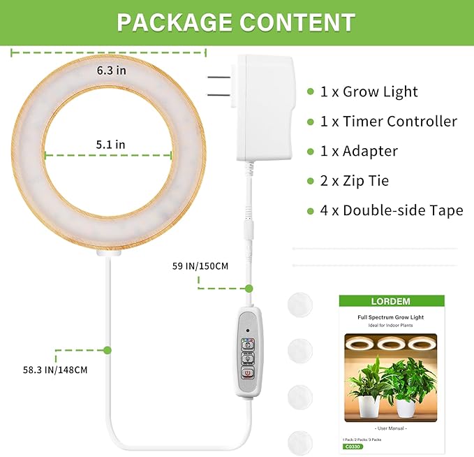 LORDEM 6.3” Bamboo Ceiling Grow Light for Indoor Plants, 72 LEDs Full Spectrum Plant Light, Corded