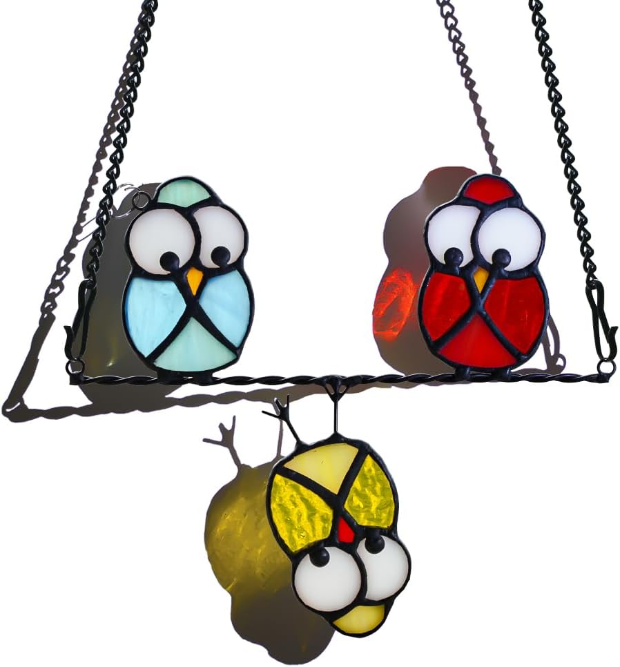 Multicolor Owl Stained Glass Suncatcher for Window,Birds Stained Glass Window Hangings,Bird