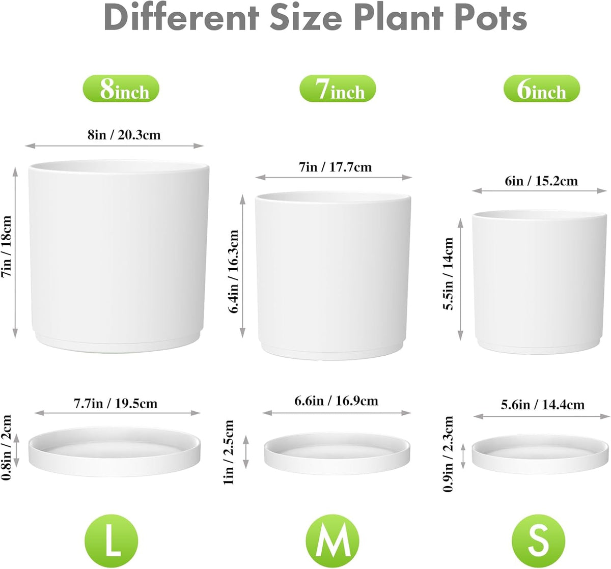 8/7/6 inch Plant Pots, Set of 3 Cylinder Flower Pots for Outdoor Indoor Plants, Decorative Plastic