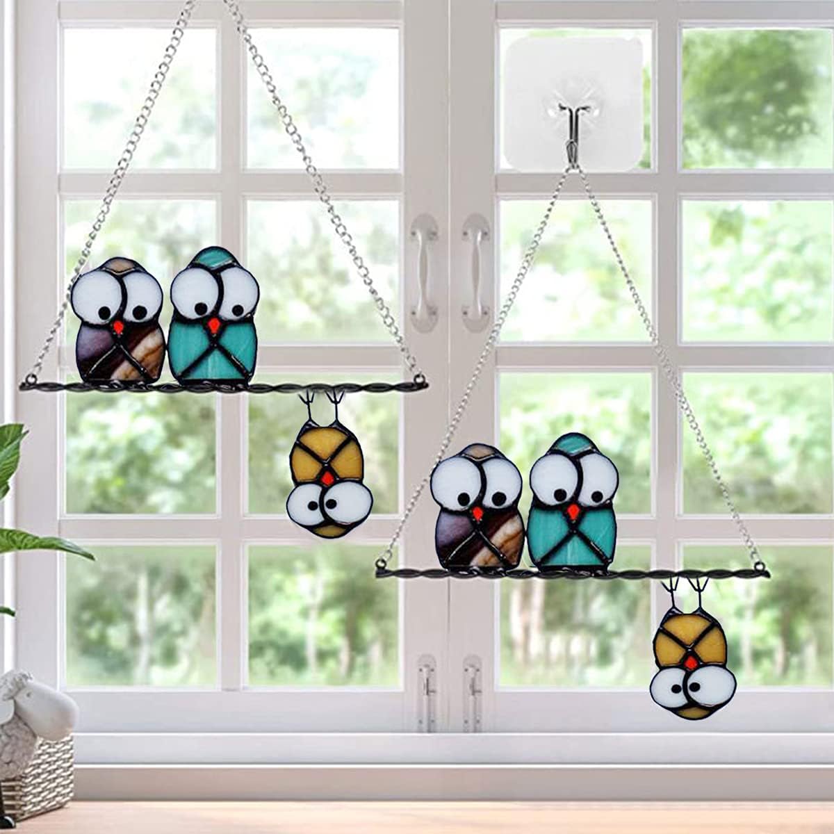 Multicolor Owls on a Wire High Stained Glass Suncatcher Panel, Bird Suncatcher for Windows Doors