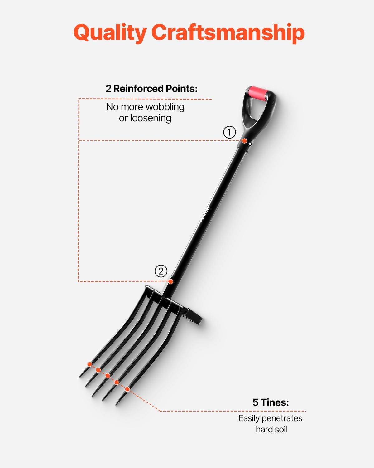 VEVOR Garden Fork, 5-Tine Gardening Pitchfork with Metal Handle, 41 in Heavy Duty Digging Fork with