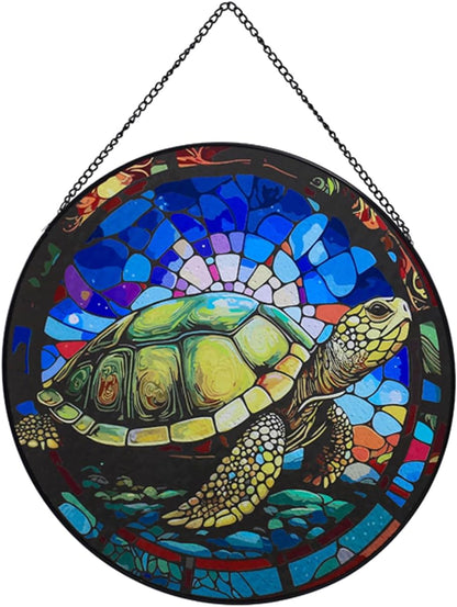 Hanging Stained Glass for Windows,20cm/7.87 inch Turtle Hand-Painted Glass Panel Window Hanging