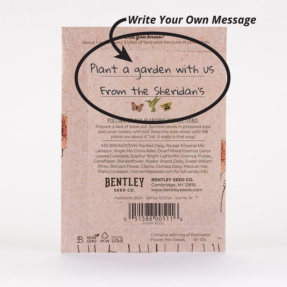 Bentley Pollinator Mix - Pre-Filled, Non-GMO, Non-Coated Butterfly Packets - 25 Annual Wildflower