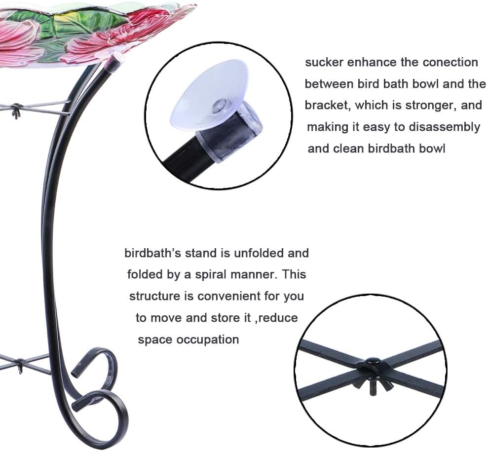 MUMTOP Outdoor Glass Birdbath with Metal Stand for Lawn Yard Garden Hummingbird Decor,18” Dia
